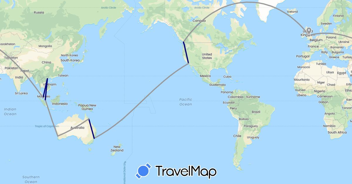 TravelMap itinerary: driving, plane in Australia, Canada, Fiji, United Kingdom, Malaysia, Singapore, United States, Vietnam (Asia, Europe, North America, Oceania)